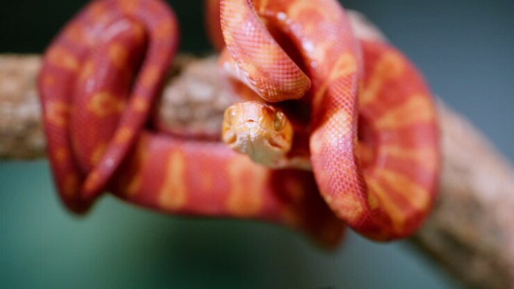 Curled red and orange snake on a branch captured in slow-motion for dramatic effect