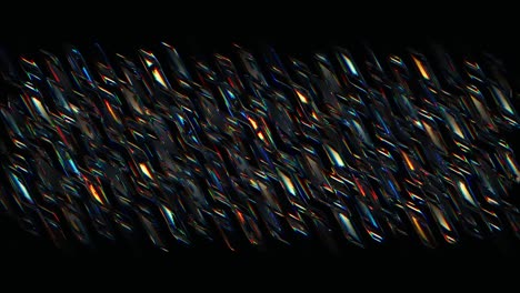 Twinkling abstract metal color silhouettes of rhombuses with colorful center. Motion. Dark pattern with glowing and blinking stains, seamless loop.