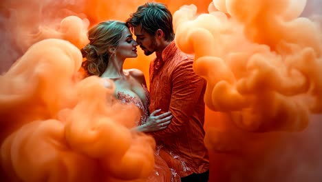 couple embracing in vibrant orange smoke during enchanting photo shoot