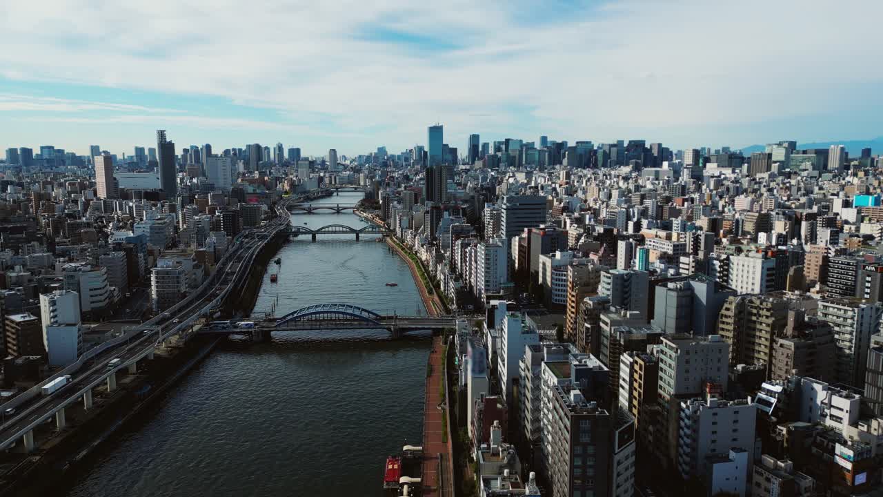Static aerial shot shows Sumida River bridges cutting through modern Tokyo city