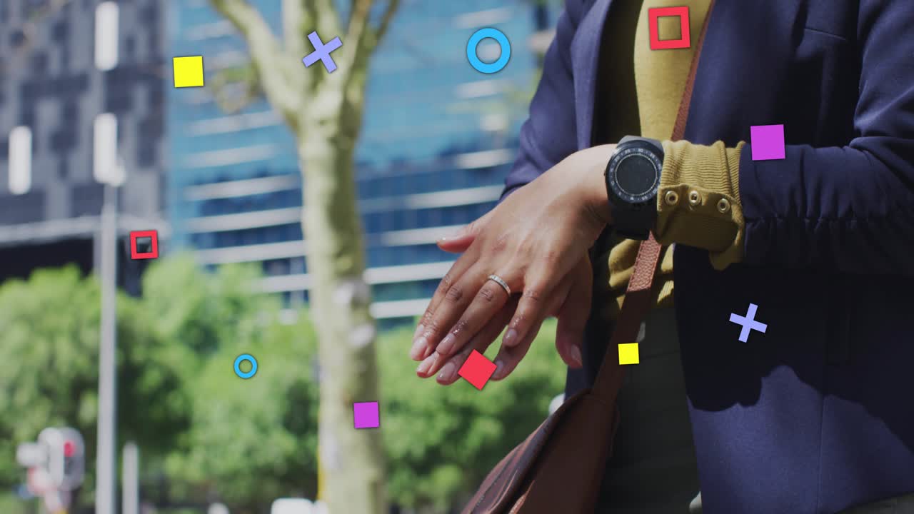 woman on sidewalk starting swirling shapes around hands tapping wearable technology checking time