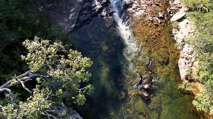 Drone view of the São Francisco River near its source in the Serra da Canastra National Park