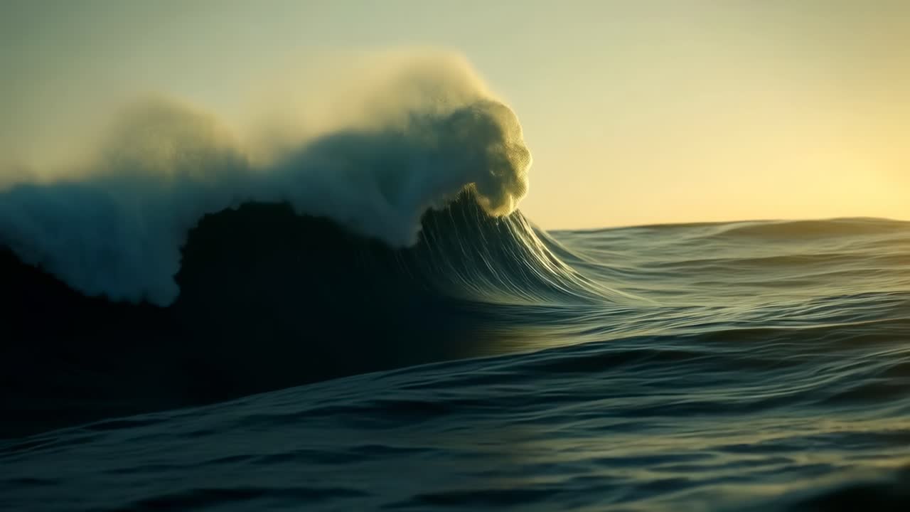 Dramatic ocean wave captured at eye level, emphasizing texture and movement