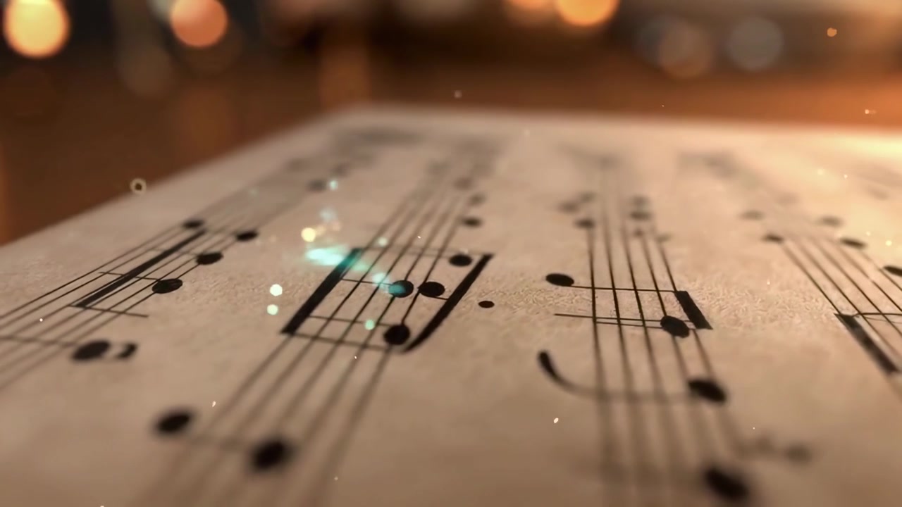 Primo piano di note musicali su uno spartito con particelle fluttuanti