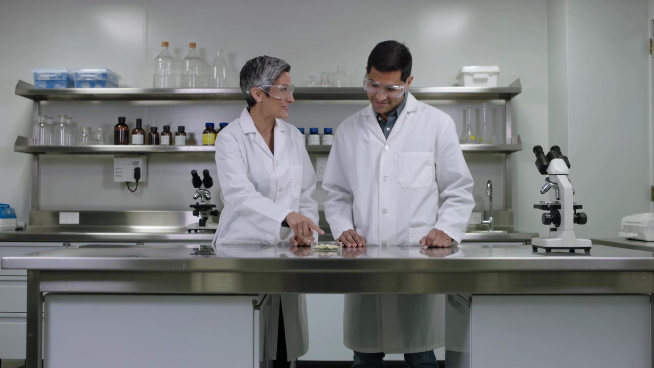 Observando una muestra, una técnica señalando mientras un colega inspecciona en el laboratorio, revisando resultados, EPP.