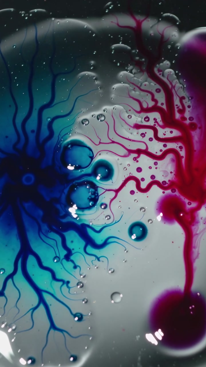 Vertical video: Landing blue pink droplets forming fractal arms on dish of liquid, making beads