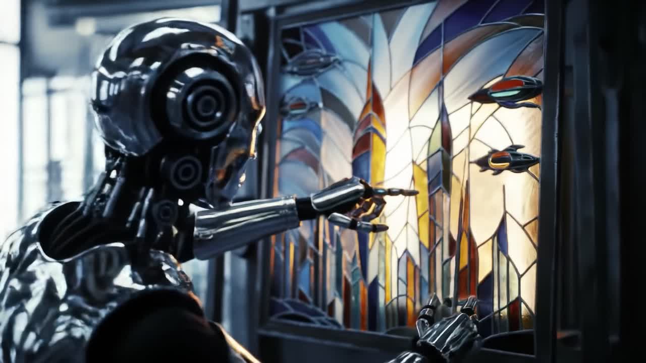 In a modern studio, a robot artist skillfully works on intricate stained glass, showcasing its creativity and technology. Futuristic elements blend seamlessly with craftsmanship.
