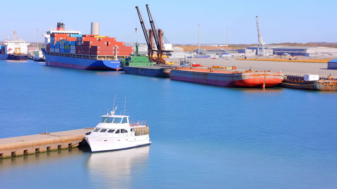 A small white yacht is moored at a dock in the foreground while large cargo ships sit beside industrial piers. Port cranes, container stacks, warehouses, and harbor infrastructure line the shoreline under clear daylight, showing active commercial shipping