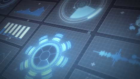 animación del escaneo del alcance y el procesamiento de datos sobre pantallas y cuadrícula