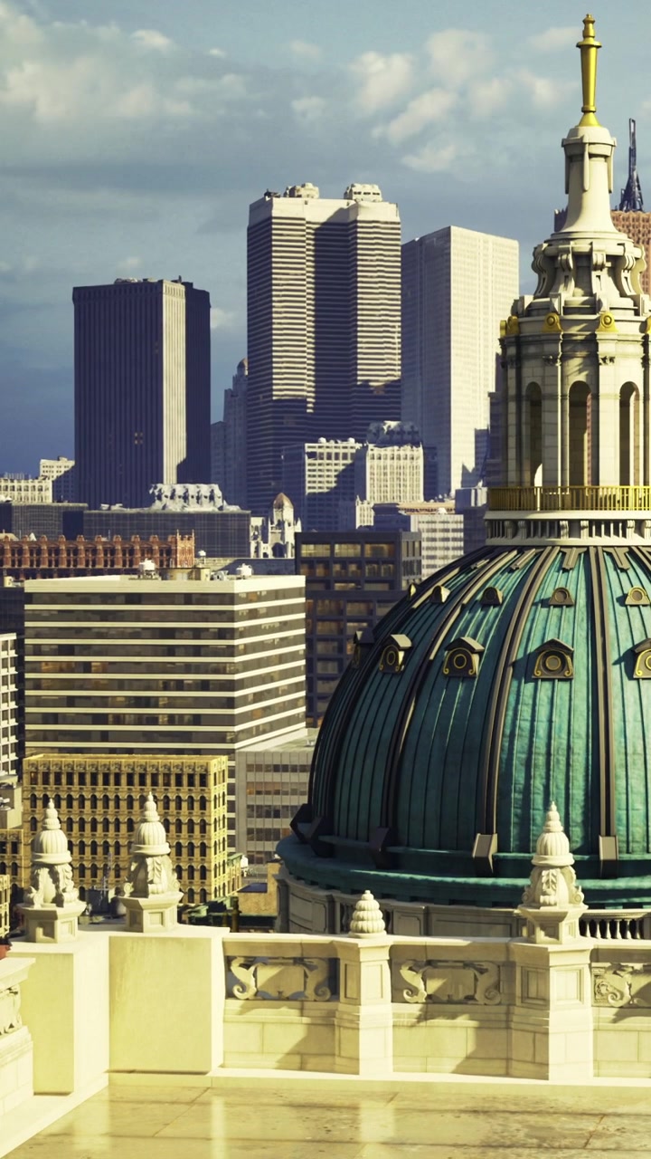 Splendida vista dello skyline della città con una cupola storica ed edifici moderni.