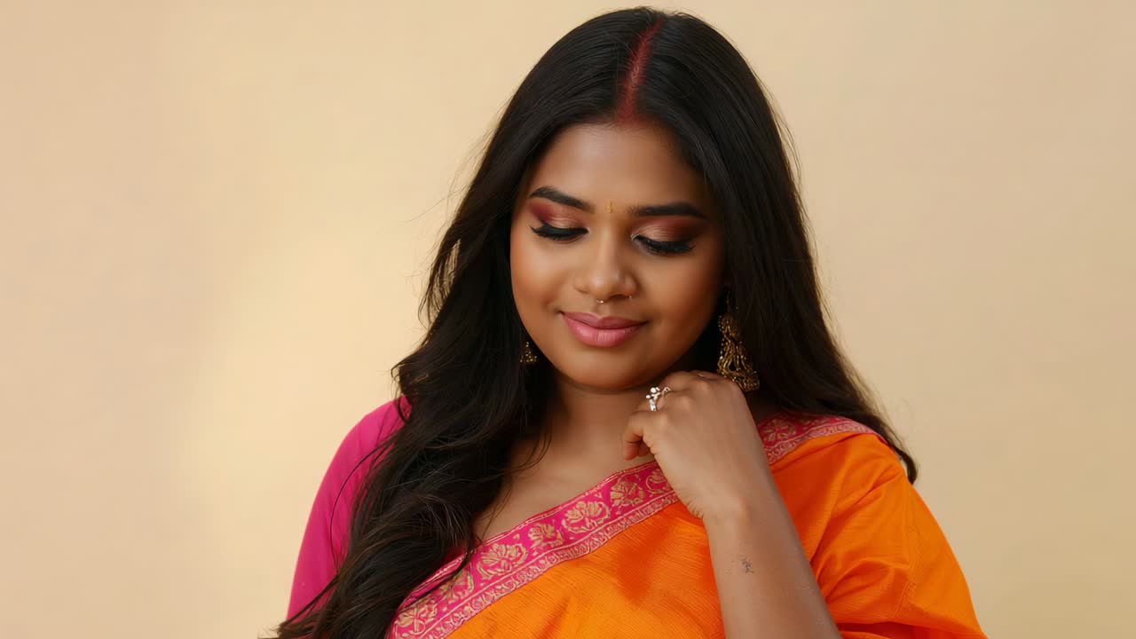 Beginning downward gaze woman in orange saree touching jhumka and lifting gaze posing at studio