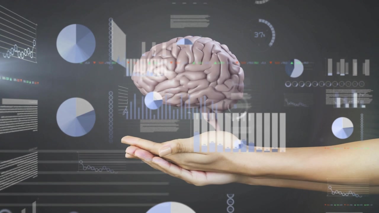 Vertical video: Adult hands sliding under HUD and summoning holographic brain for tech analysis