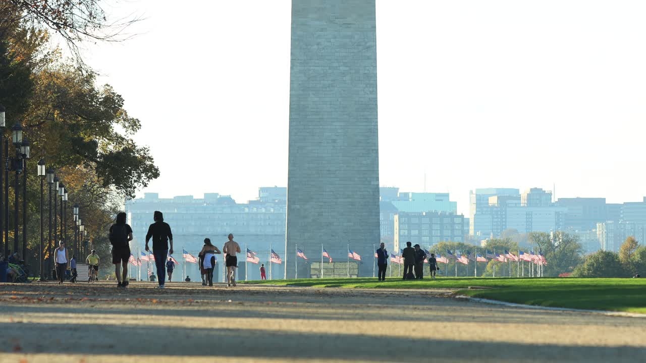 Everyday Life in Washington DC During Covid-19 Virus Pandemic Outbreak.  People Walking and Jogging in National Mall Park by Obelisk Monument, Static Wide Shot