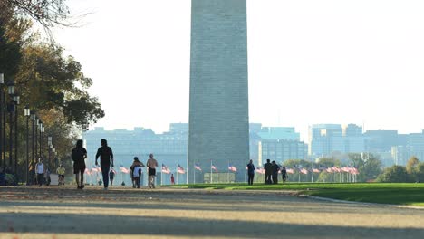 everyday life in washington dc during covid-19 virus pandemic outbreak.  people walking and jogging in national mall park by obelisk monument, static wide shot