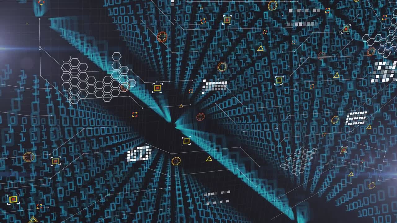 Animation of network of connections over data processing on black background