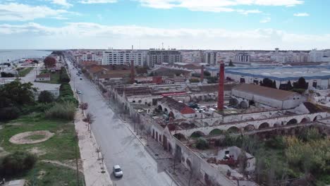 Aerial-view-of-the-old-and-historic-Ramirez-canning-factory-in-Vila-Real-de-Santo-António---Algarve,-Portugal