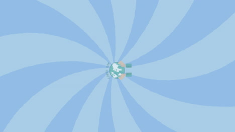 animation of earth day and hand holding globe on spiral blue background