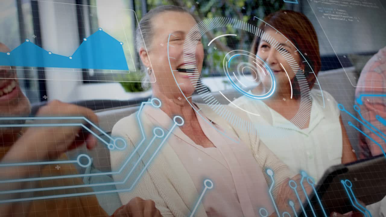 Mature woman glancing at tablet and sharing, center woman smiling back tech HUD drifting over faces