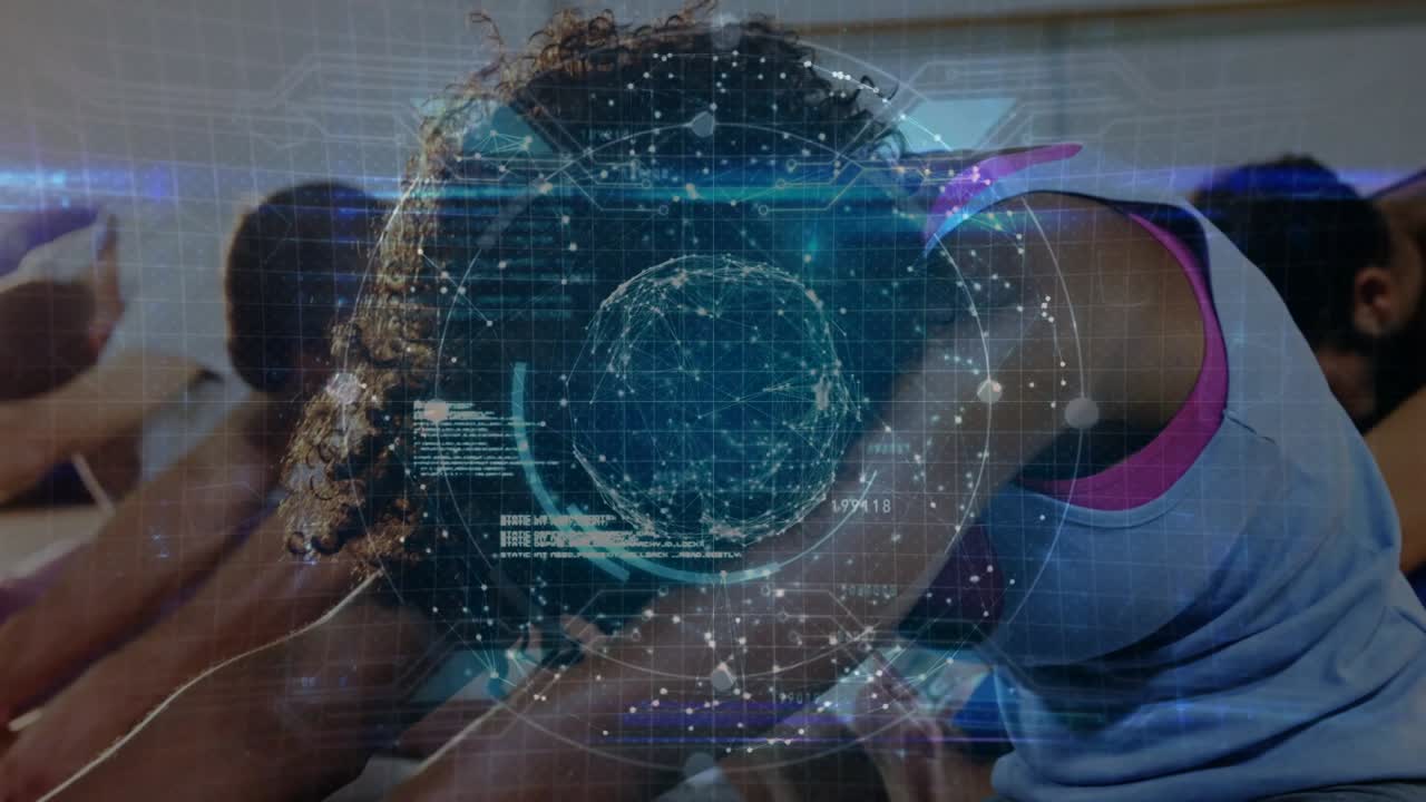 Foreground female reaching feet, initiating deeper fold in fitness, HUD globe appearing above group