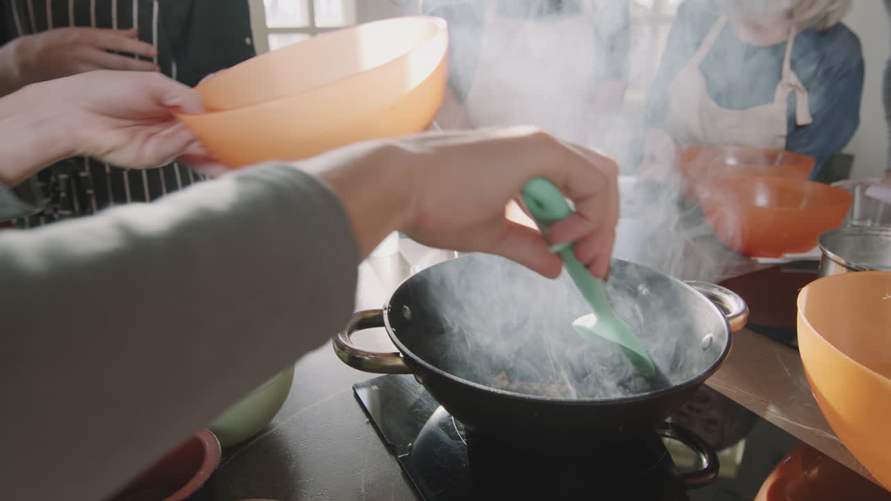 Frying Garlic And Green Beans In Frying Pan