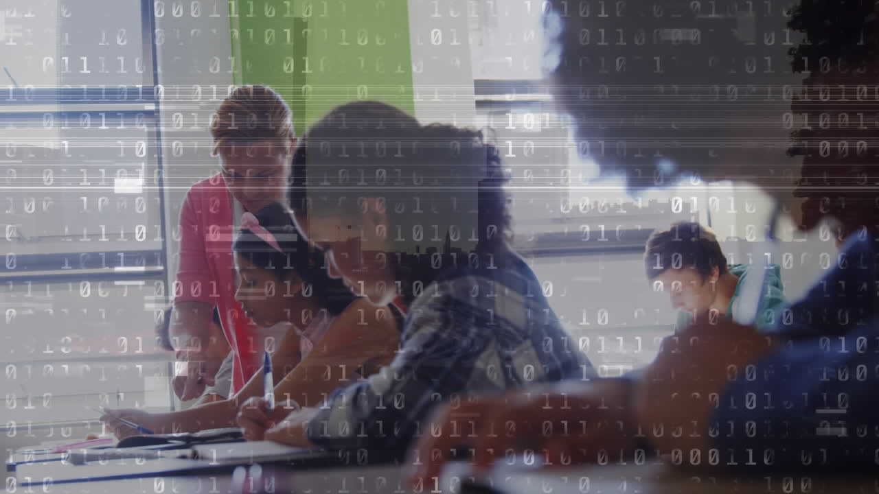 Animation of binary code over class of diverse pupils learning at school