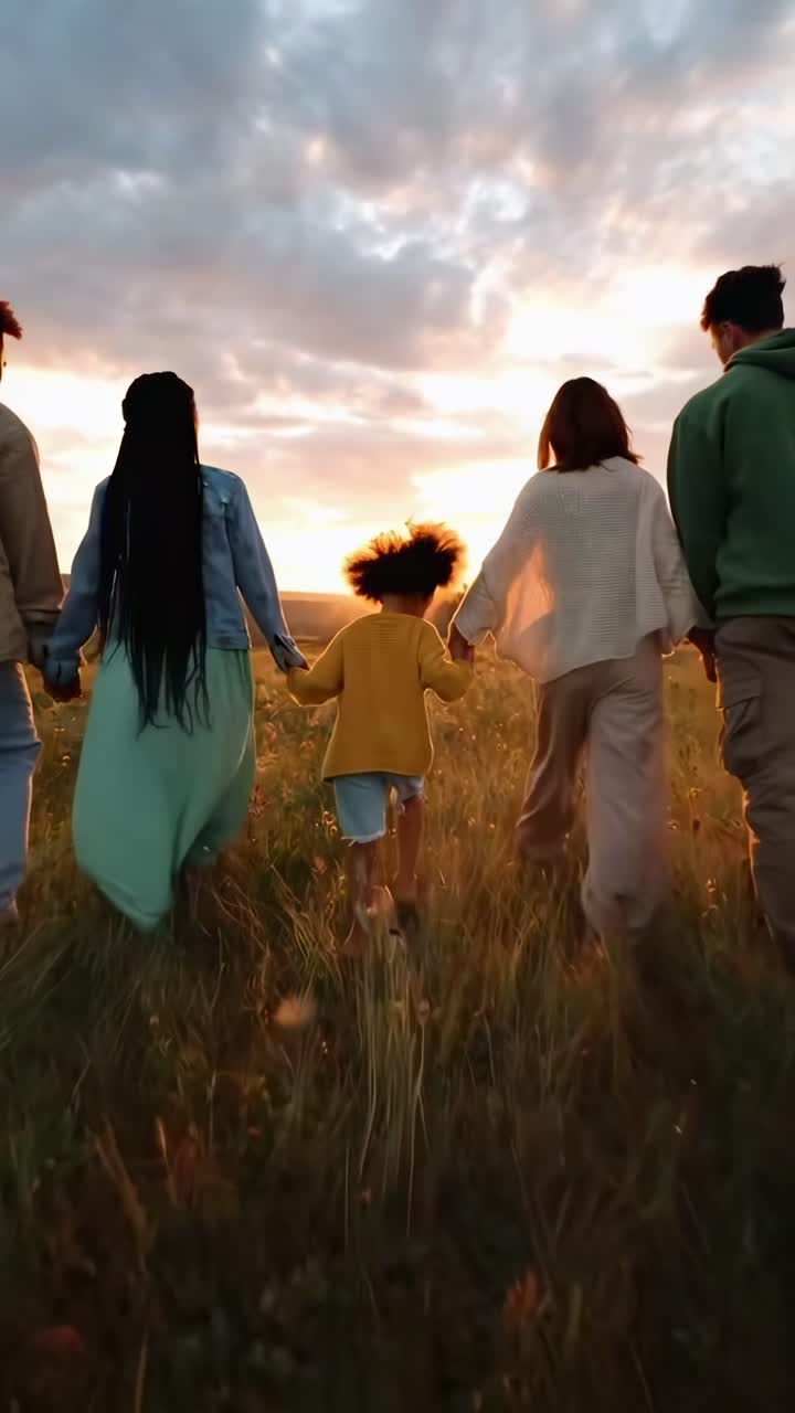 Vista traseira de uma família caminhando em um campo ao pôr do sol, foto em ângulo baixo, estilo de vídeo cinematográfico