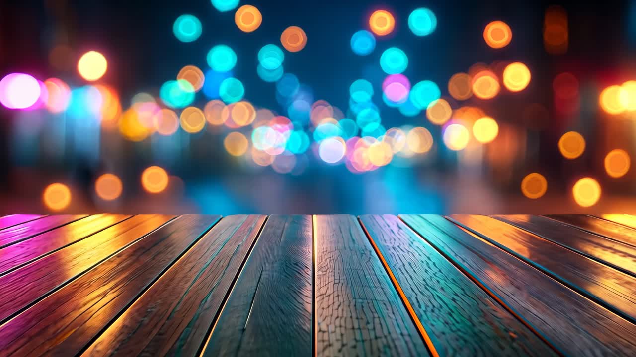 A wooden table with a blurry background of lights. The lights are in different colors and are scattered throughout the scene. Scene is one of excitement and energy, as the lights seem to be dancing