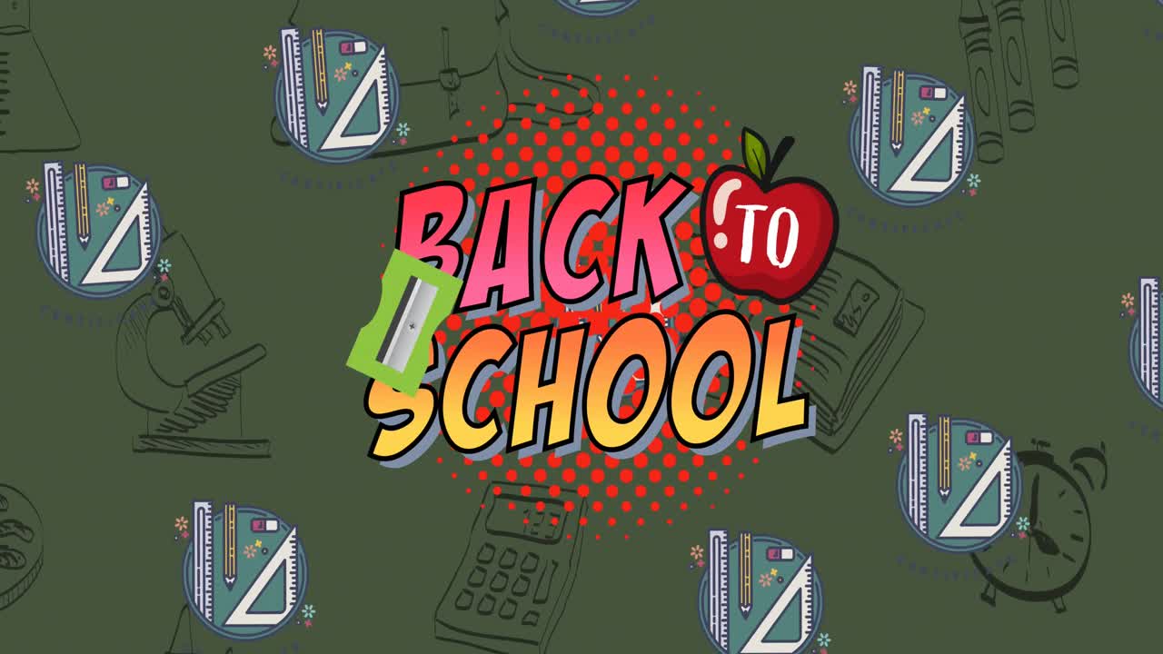 초록색 배경에 있는 학교 아이템 아이콘 위에 있는 학교로 돌아가는 텍스트의 애니메이션