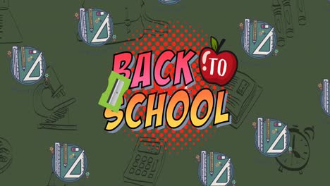 animación del texto de regreso a la escuela sobre los iconos de los artículos escolares en fondo verde