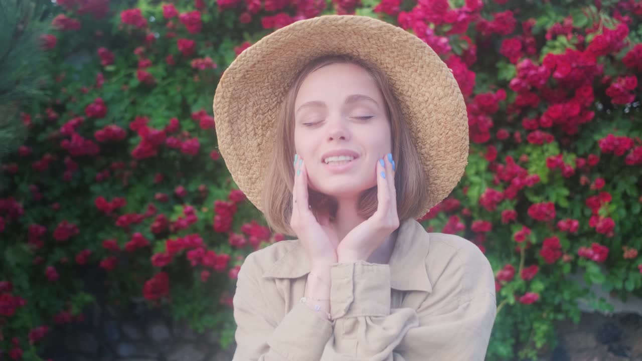 꽃이 피는 장미 덤불의 배경에  모자를 입은 우아한 금발 젊은 여성
