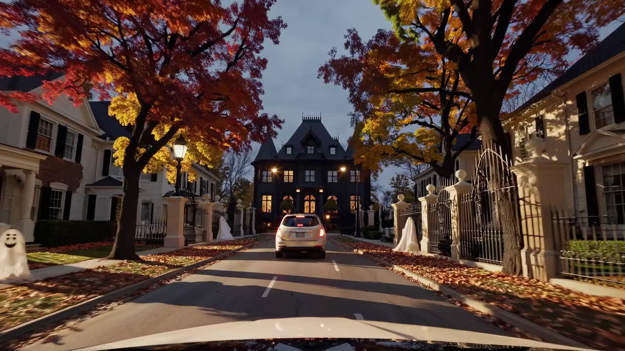 A scenic drive through a suburban street lined with autumn trees, captured from a low-angle, dashcam