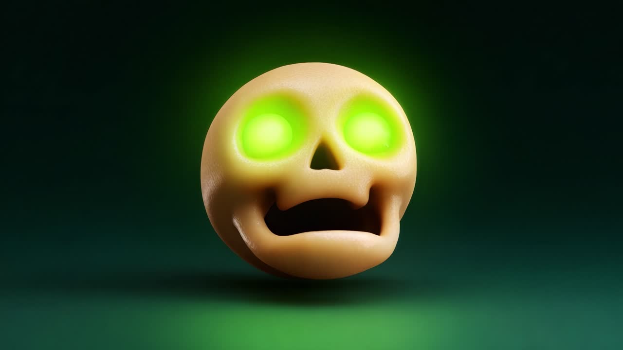 Glowing Skull: A Playful and Mysterious Character with Bright Green Eyes Displaying Emotion in Two Distinct Frames Capturing Transformation and Suspense in 3D Animation