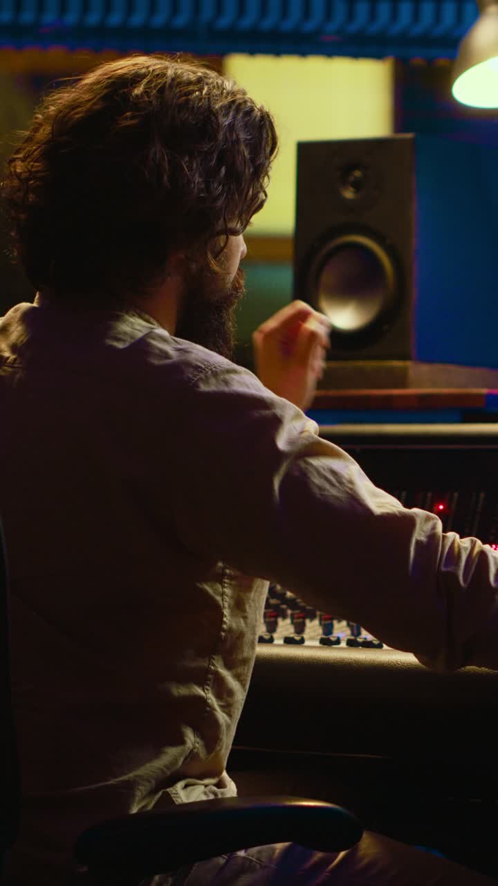 Audio Engineer Working on Mixing Console in Recording Studio