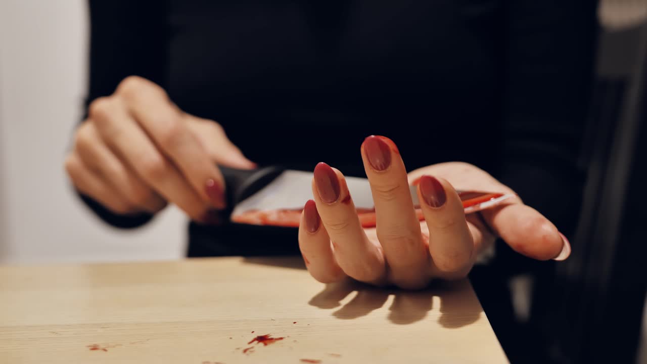 Primo piano cinematografico di una donna che passa un coltello macchiato di sangue sul suo palmo aperto
