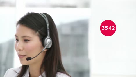 animation of numbers changing over businesswoman using phone headset