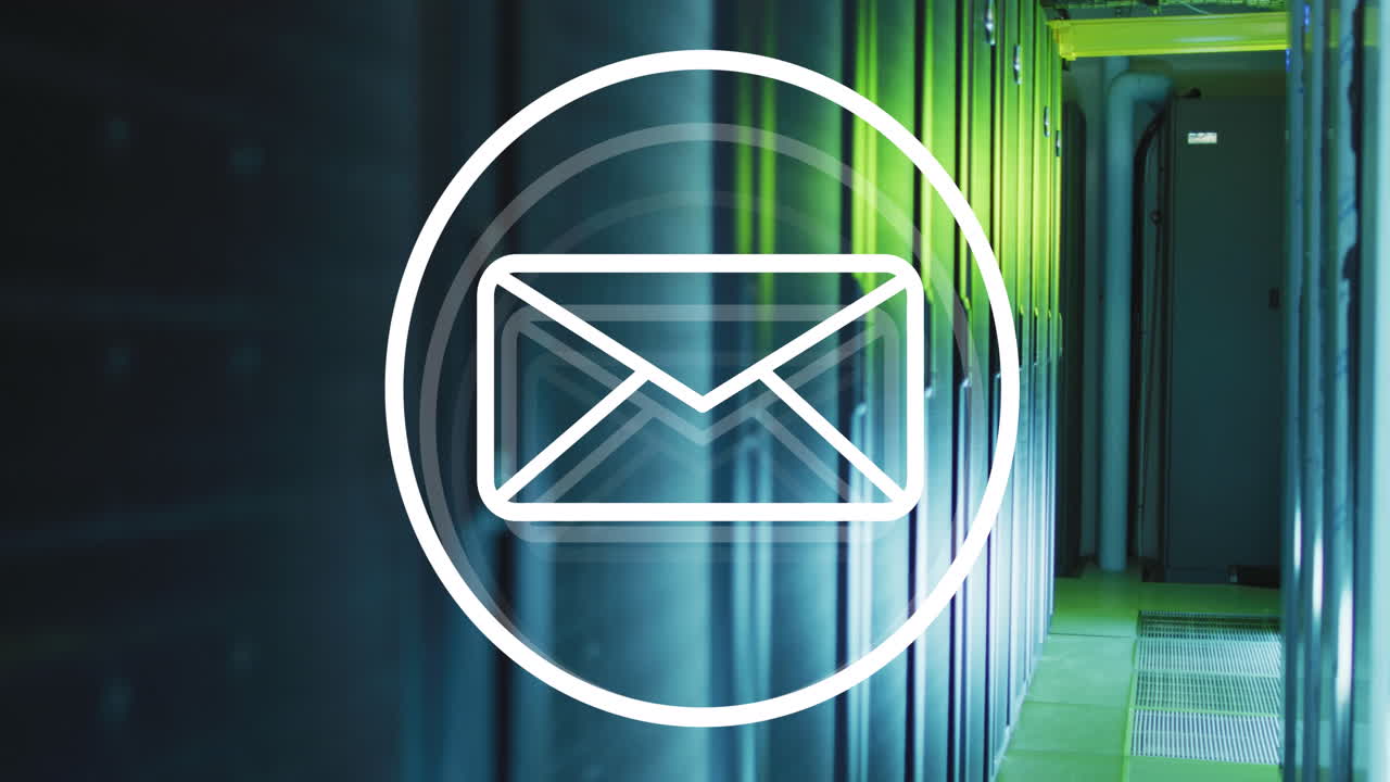 Animation of message icon over round banner against computer server room