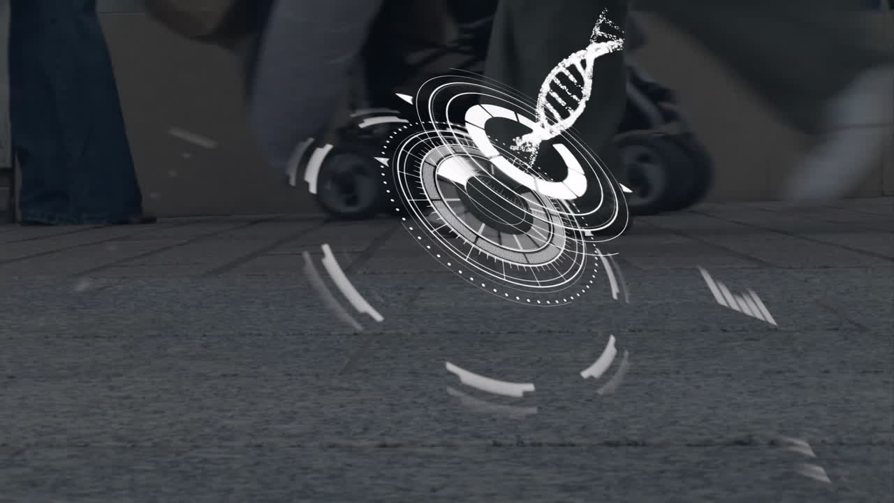 DNA strand and digital interface animation over people walking on pavement
