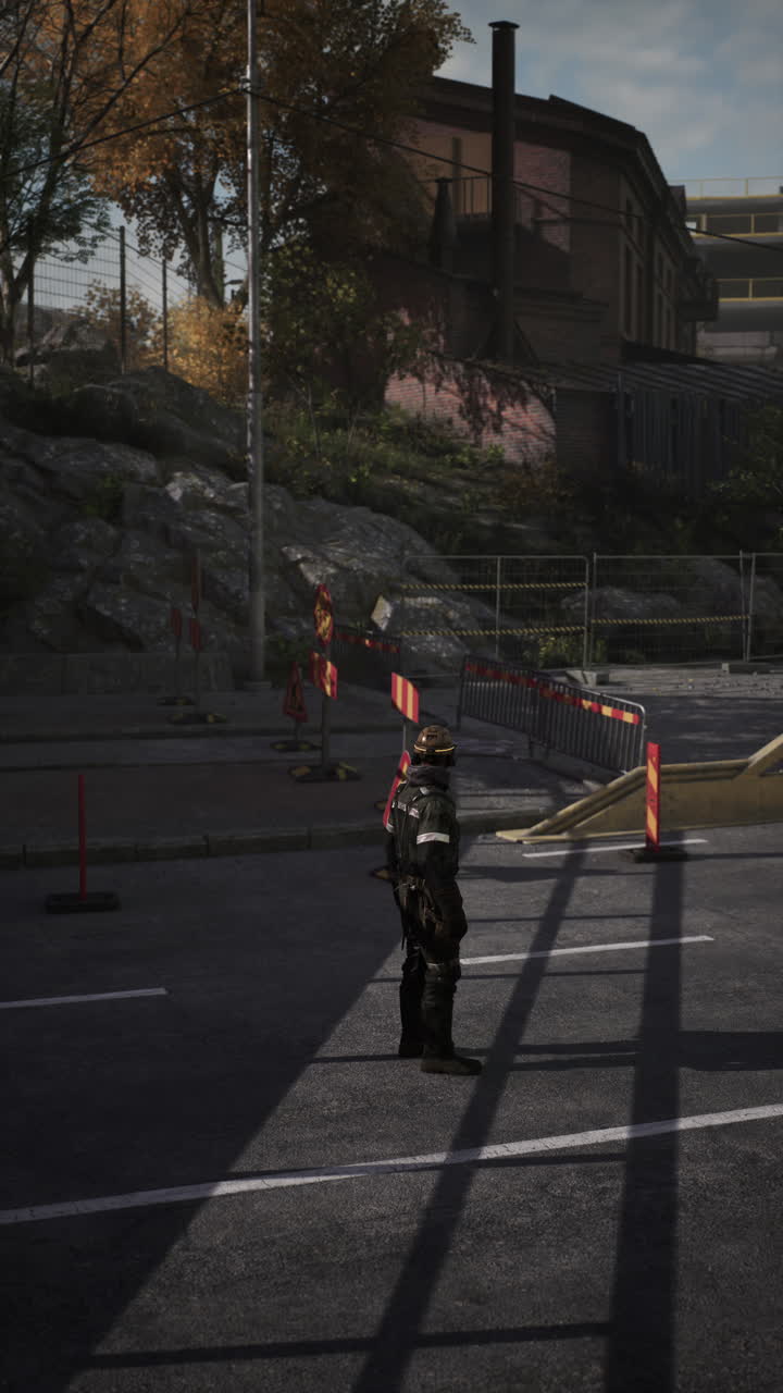 Road worker overseeing safety measures during street repairs in bright sunlight