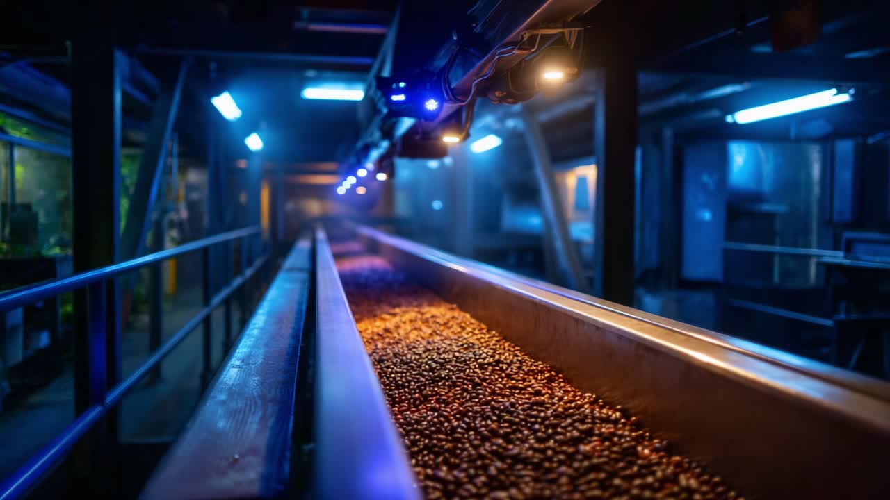 High-tech conveyor system processing coffee beans in a dimly lit industrial setting with blue ambient lighting and a long view of the production line