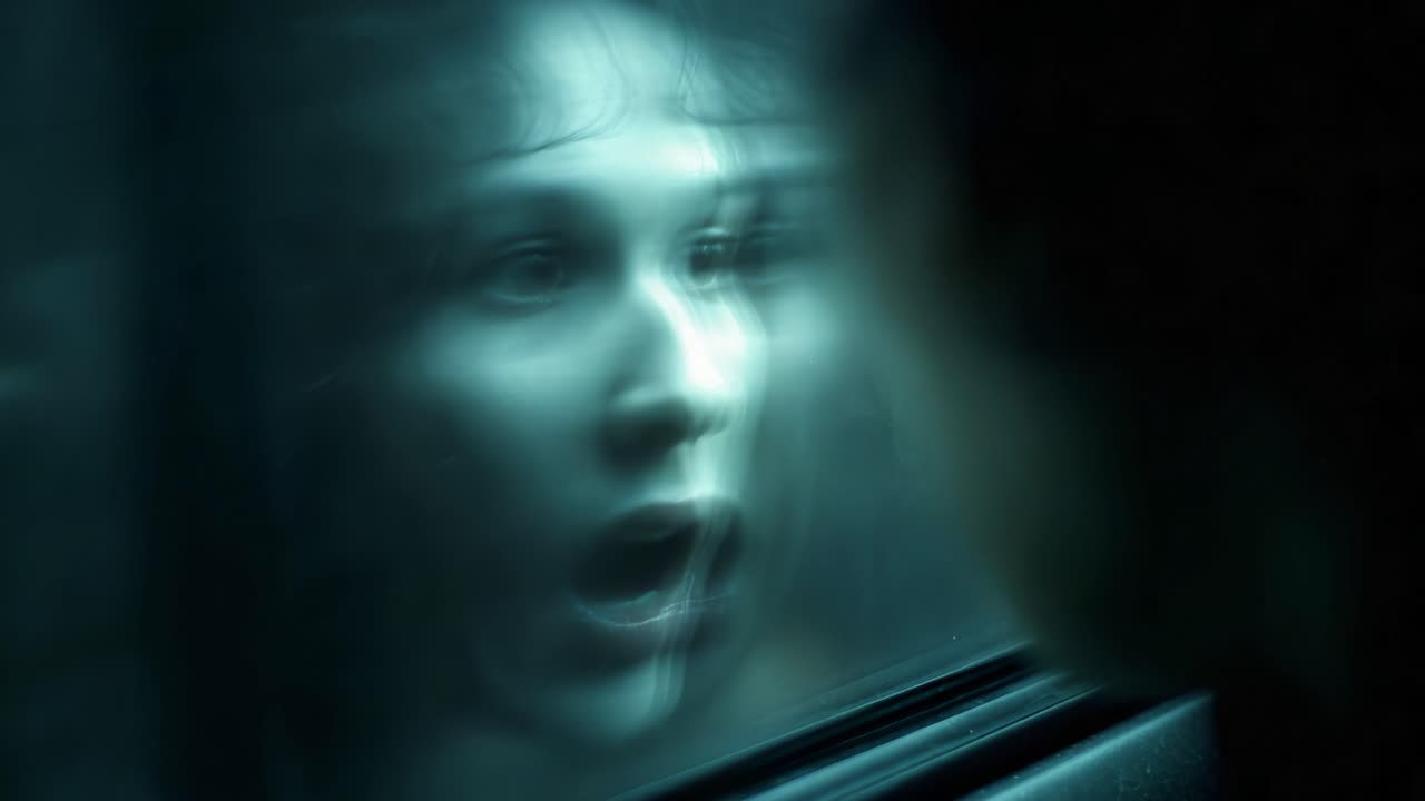 A Mysterious Encounter: A Haunting Reflection of Emotion and Introspection Captured Through Glass in an Ethereal Frame of Distortion and Light