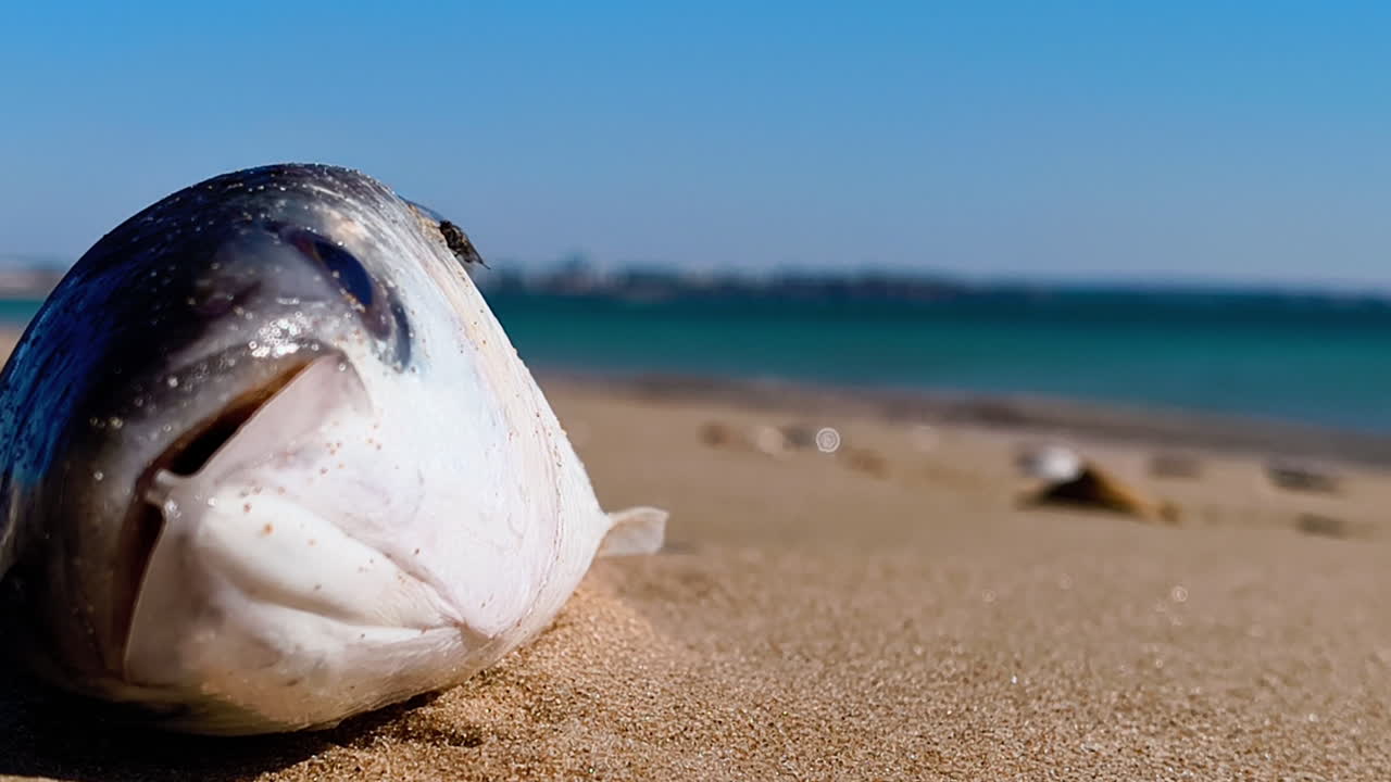 Extreme close-up, low-angle shot focusing on the head of a dead fish washed ashore on a sunny beach. A fly hovers above the fish, and another rests on its head. Background shows the clear blue ocean