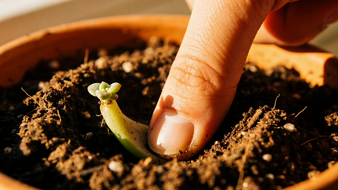 Placing adult index finger approaching succulent leaf, pressing base into clay pot soil for rooting