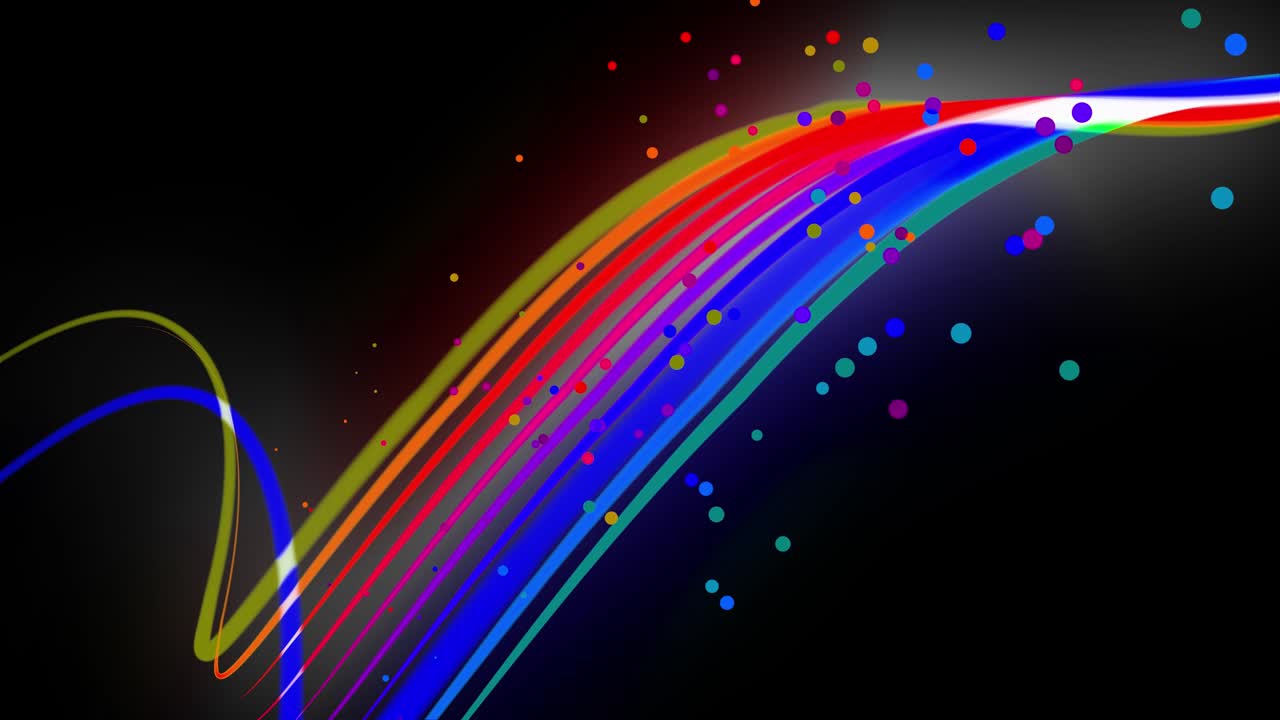 다채로운 네온 라인이 공중에 날아다니며 부드럽게 진동하고 파동합니다. 라인의 색은 순환적으로 변합니다. 3d 추상 루프 4k 배경, 알파 채널로 루마 매트.