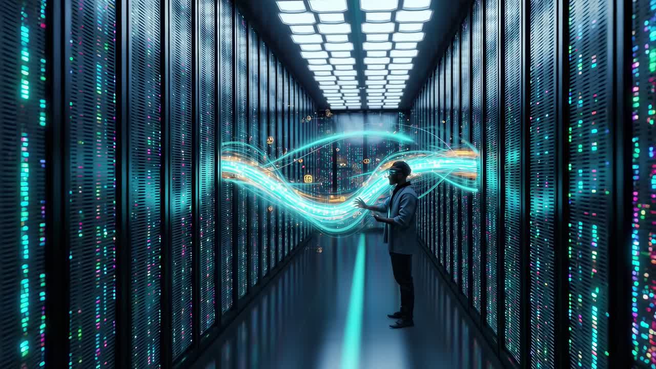 Futuristic data center video concept, side angle of a person in a server room with digital waves