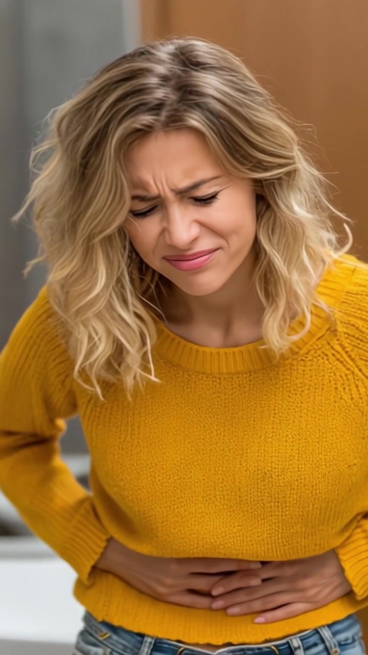 Una donna con un maglione giallo brillante mostra segni di disagio mentre si stringe l'addome, riflettendo lotte emotive e fisiche in un ambiente interno intimo.