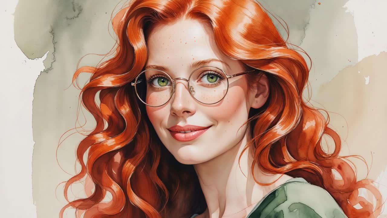 Woman with red hair holding smile and tilting head in watercolor portrait with round metal glasses