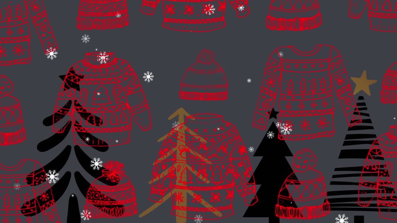 copos de nieve cayendo sobre el suéter y el sombrero de navidad en un patrón sin costuras contra los iconos del árbol de navidad