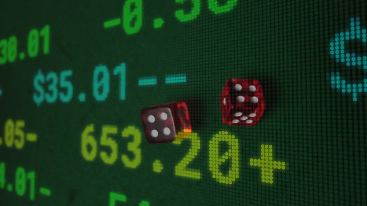 Red glassy dice entering top-left, rolling and bouncing across pixel market ticker showing risk