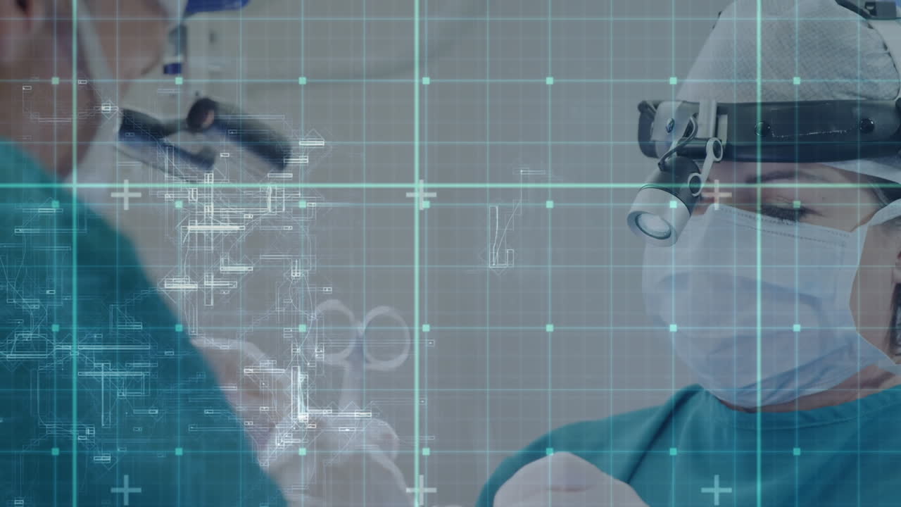 백인 남성과 여성 외과 의사가 대화하는 데이터 처리의 애니메이션