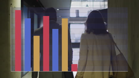 animation of bar graph over rear view of diverse coworkers discussing while walking out of office